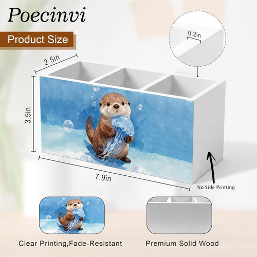 Coastal Beach Sea Otter Pen Holder for Home Kids Room Desk, Otter Lover Gifts, Coastal Ocean Wildlife Nursery Wooden Box Sign Pencil Holder for Desk Shelf Organizer