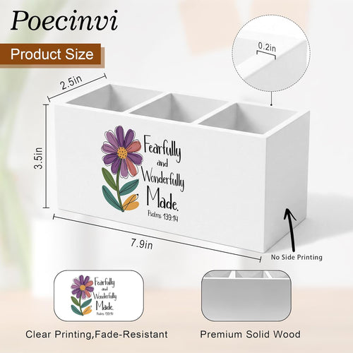 Boho Floral Inspirational Christian Pen Holder for Home Office Desk, Fearfully and Wonderfully Made Bible Verse Wooden Box Sign Pencil Holder for Desk Shelf Organizer