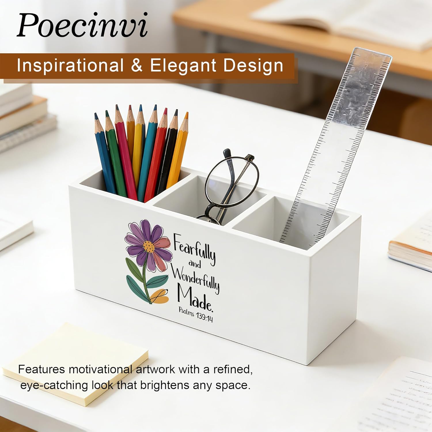 Boho Floral Inspirational Christian Pen Holder for Home Office Desk, Fearfully and Wonderfully Made Bible Verse Wooden Box Sign Pencil Holder for Desk Shelf Organizer